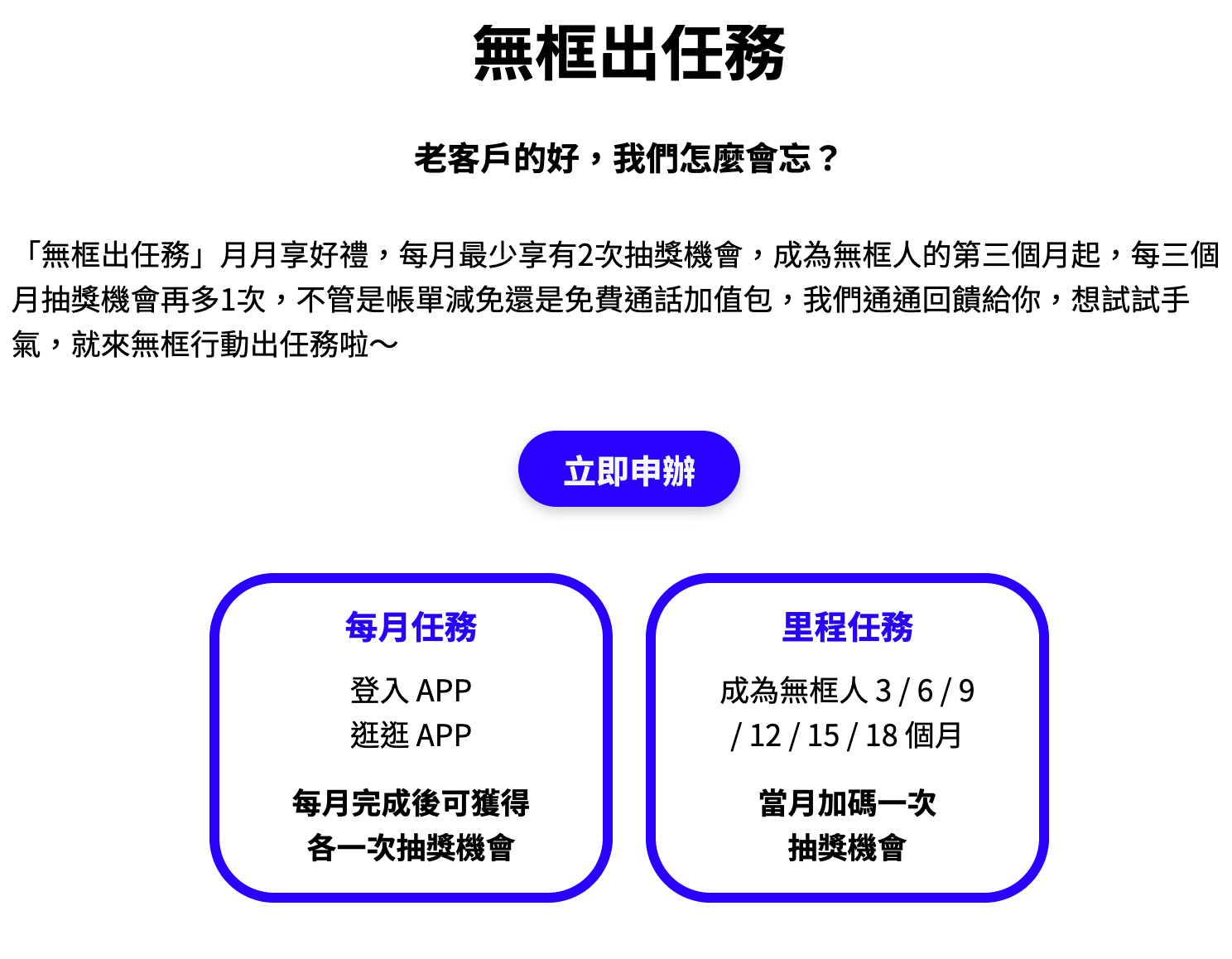 無框行動參加指定任務享月租費減免抽獎