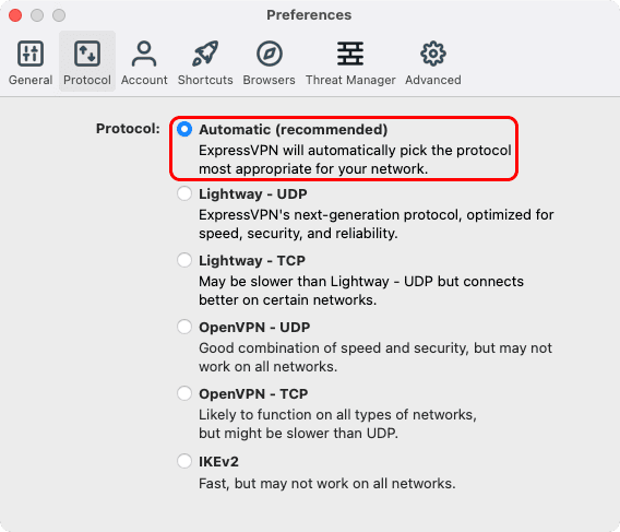 攻城濕不說的秘密 - ExpressVPN Protocol 設定為 Automatic