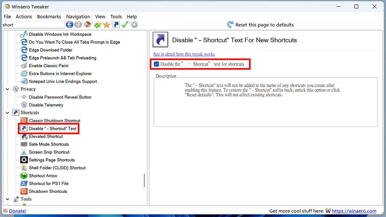 攻城濕不說的秘密 - Winaero Tweaker 關閉捷徑檔名出現捷徑文字